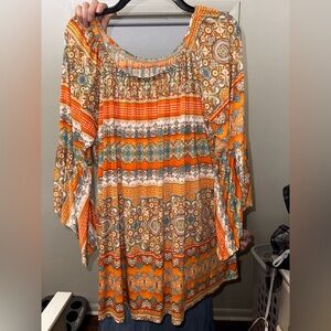 Boho Orange Print Peasant Top